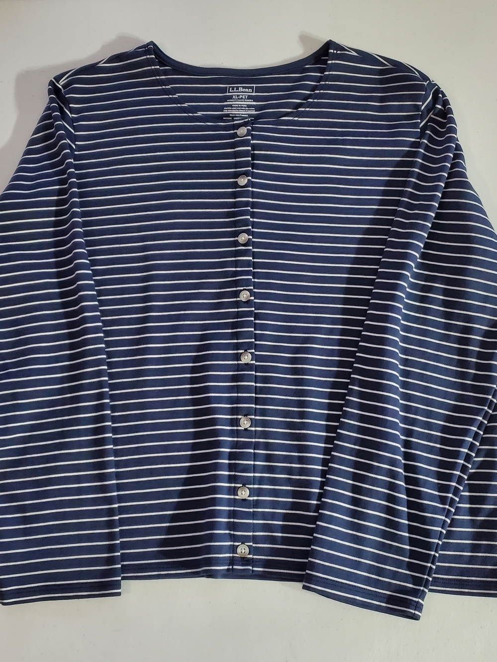 Womens XLP L.L. Bean Navy and White Horizontal Stripe Button-Front Sweater